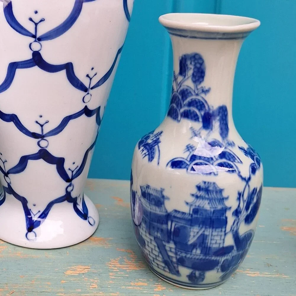Vintage Porcelain Bud Vase Hand Painted Ancient Chinese Makers Mark Blue Decor - Picture 3 of 14